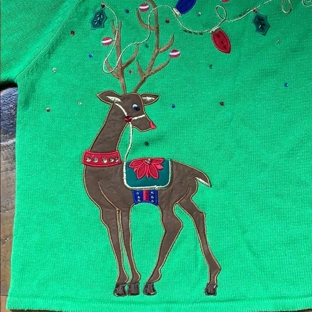 Tiara International Christmas reindeer sweater Green Size Medium